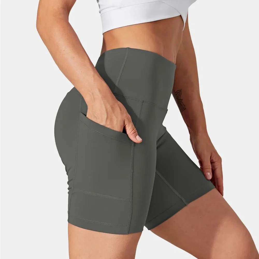 HALARA High Waisted Side Pocket Plain Biker Shorts 7'' in Dark Jade Grey - Picture 2 of 7